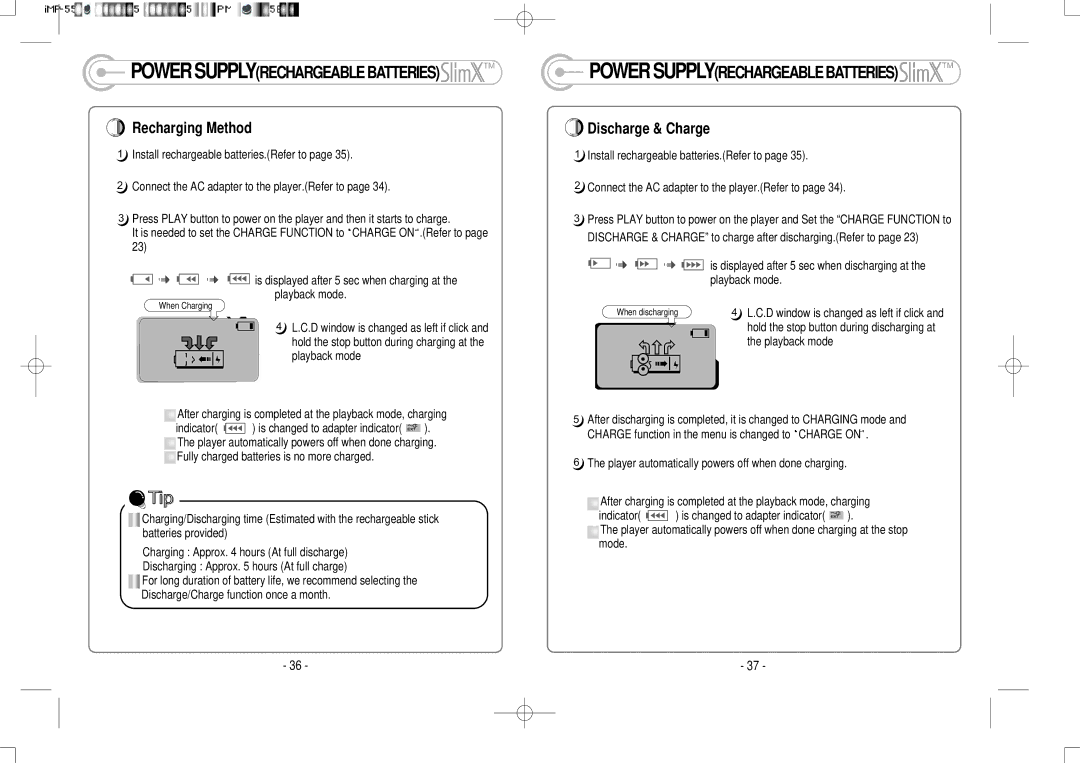 IRiver iMP-350 user manual Recharging Method, Discharge & Charge, Playback mode, Mode 