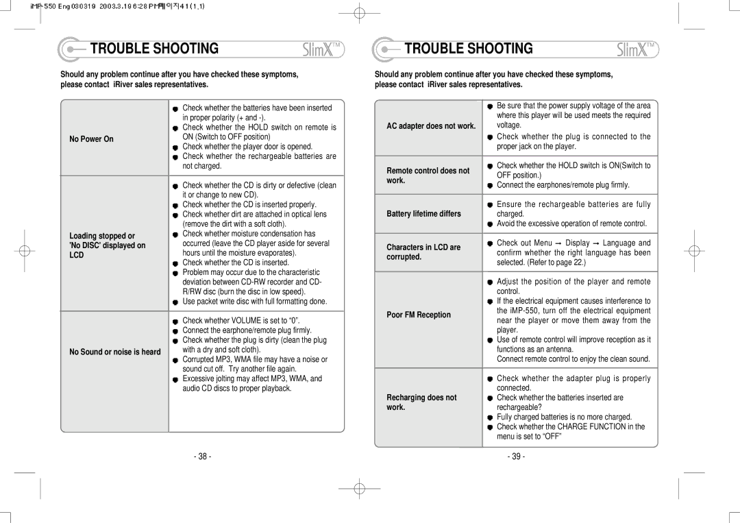 IRiver iMP-350 user manual Trouble Shooting, Lcd 