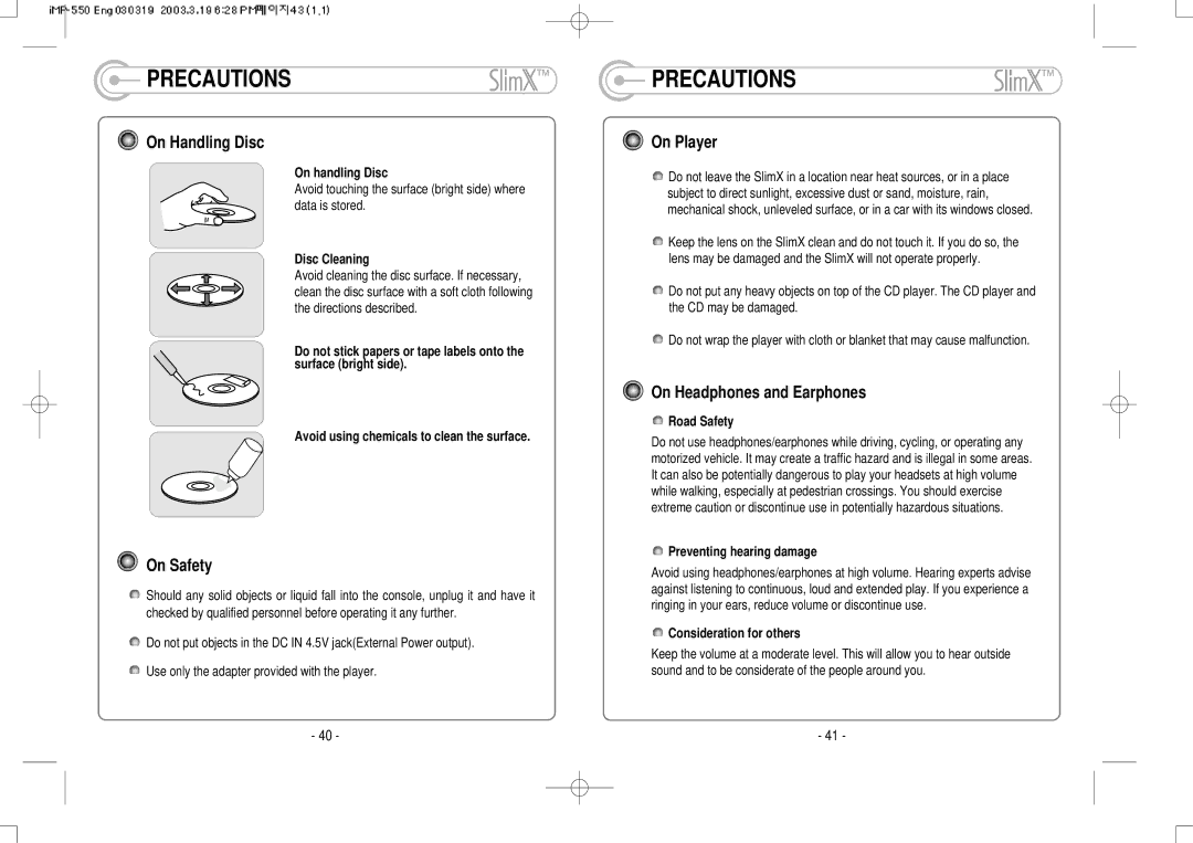 IRiver iMP-350 user manual Precautions, On Handling Disc, On Safety, On Player, On Headphones and Earphones 