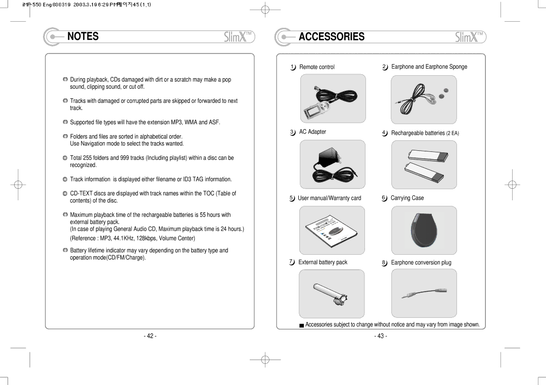 IRiver iMP-350 user manual Accessories, Remote control AC Adapter 