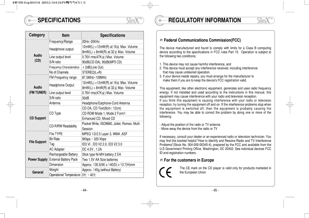 IRiver iMP-350 user manual Regulatory Information, Category Specifications, Federal Communications CommissionFCC 