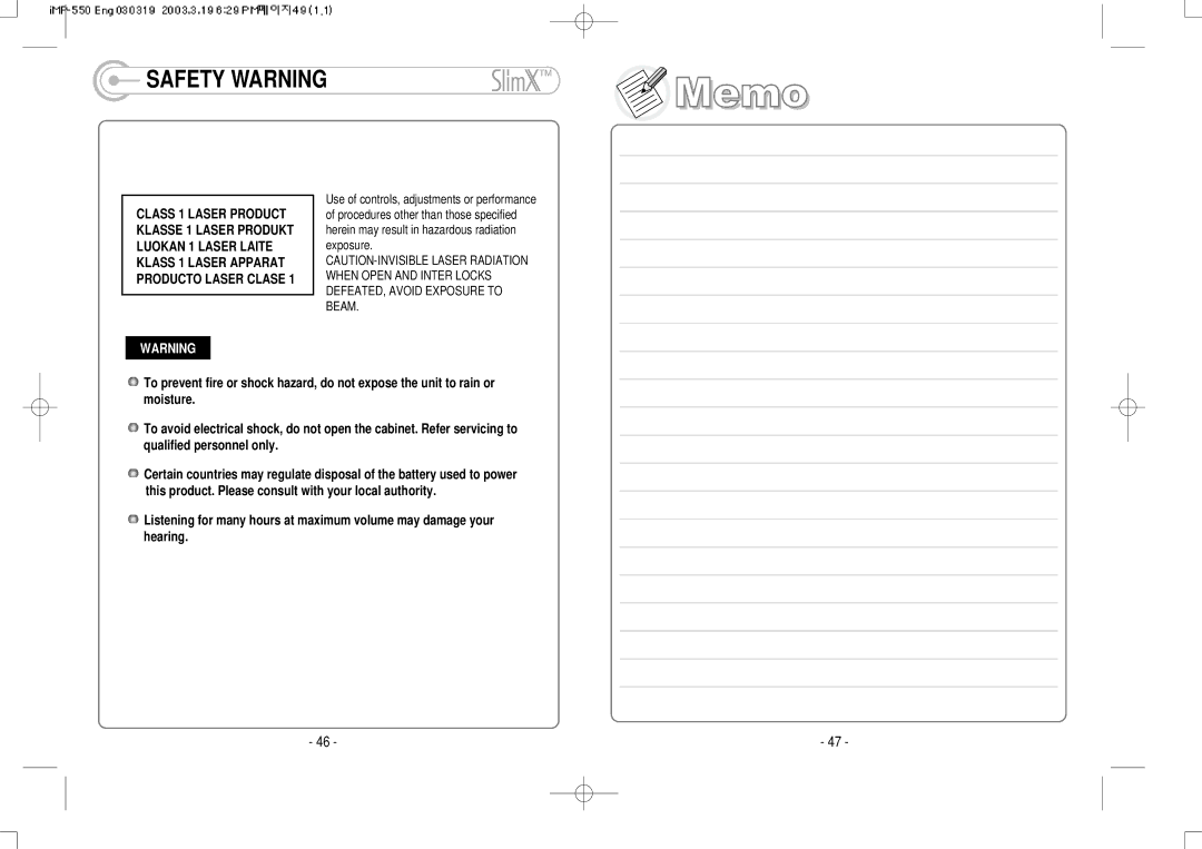 IRiver iMP-350 user manual Safety Warning 