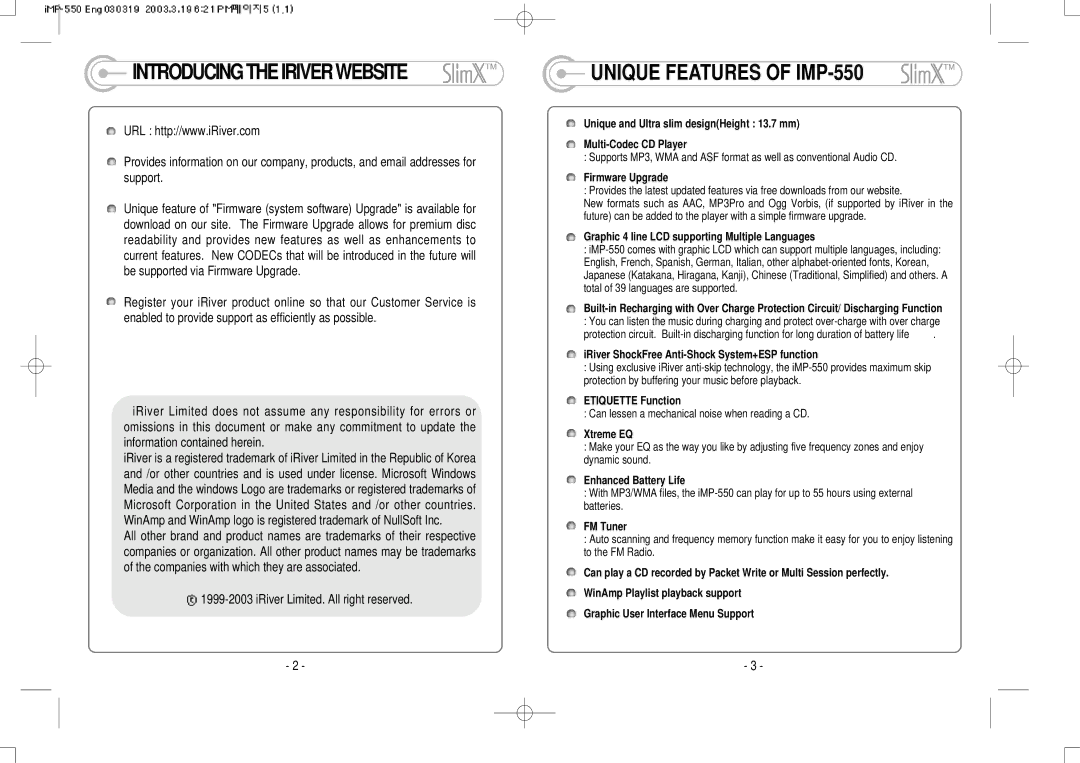 IRiver iMP-350 user manual Introducing the Iriver Website, Unique Features of IMP-550, IRiver Limited. All right reserved 