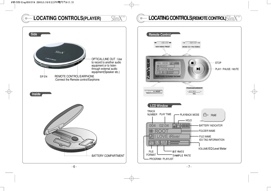 IRiver iMP-350 user manual Locating Controls, Hold, Volume /EQ/Level Meter 