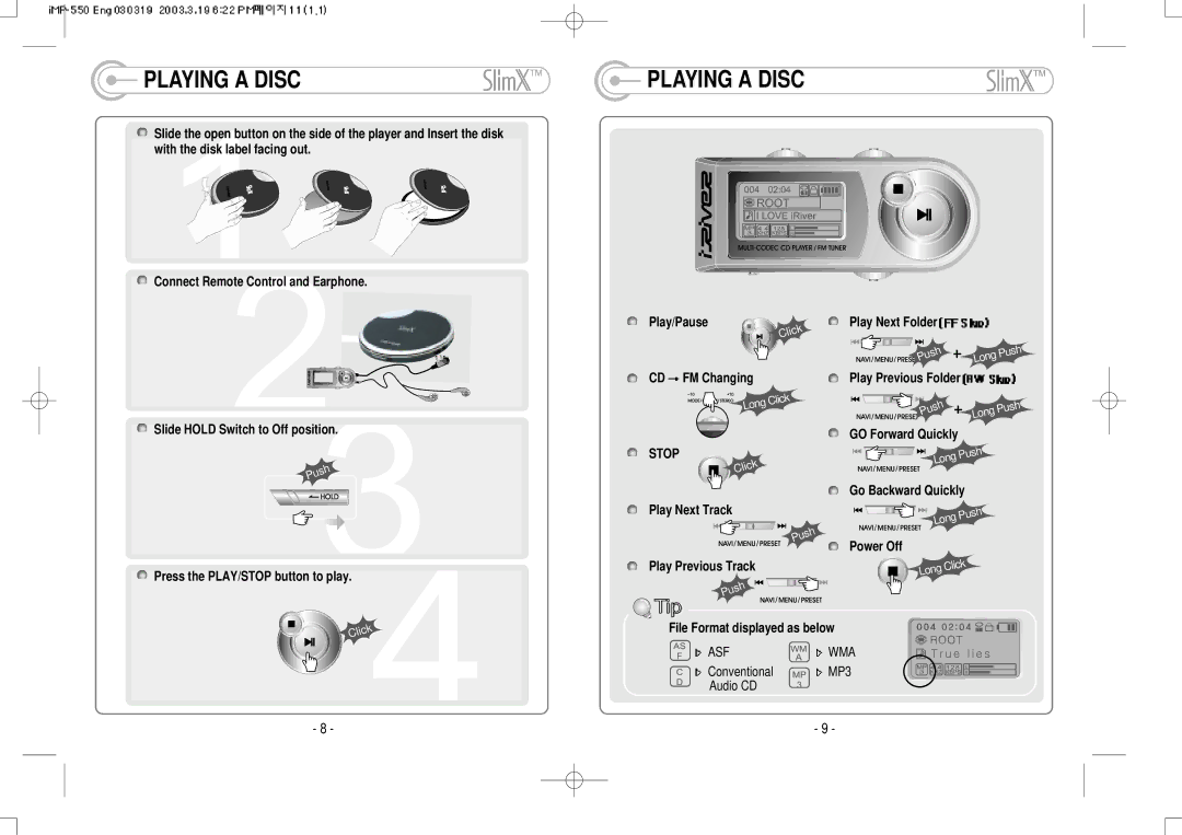 IRiver iMP-350 Playing a Disc, Connect Remote Control and Earphone, Play/Pause, CD FM Changing, Play Previous Folder 