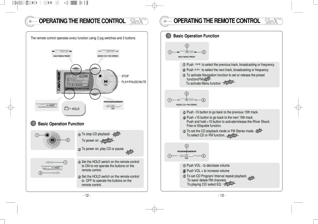 IRiver iMP-350 user manual Operating the Remote Control, Basic Operation Function, To playing CD/ select EQ 