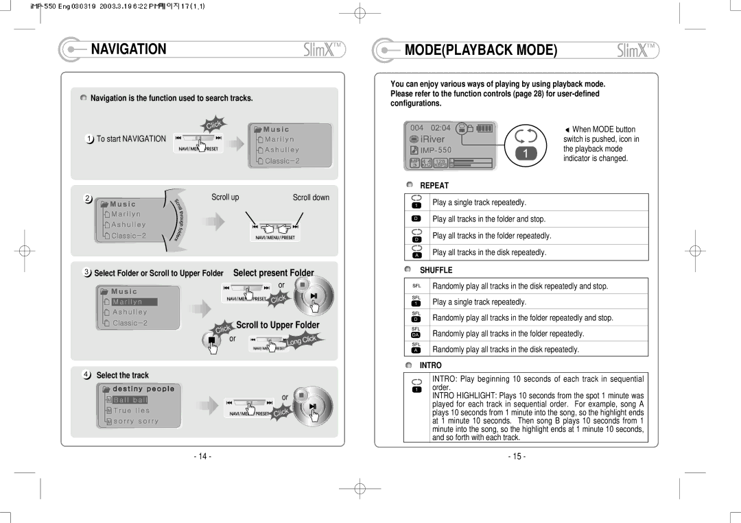 IRiver iMP-350 user manual Navigation, Modeplayback Mode, Repeat, Shuffle, Intro 