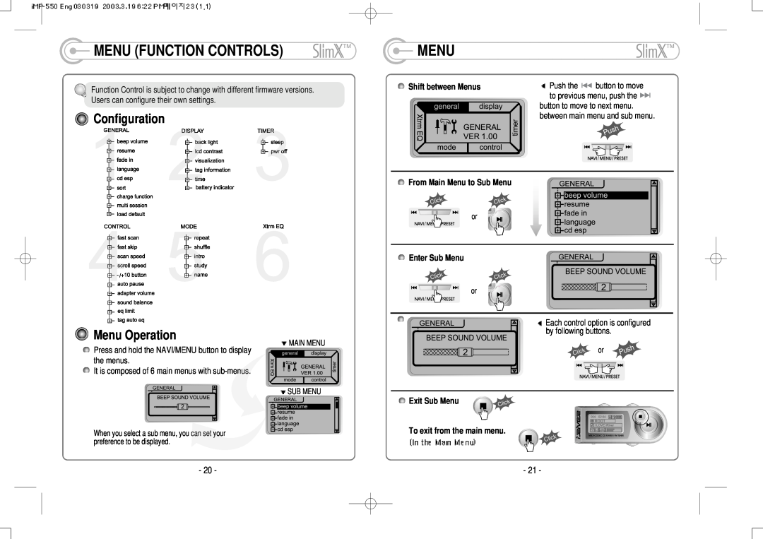 IRiver iMP-350 Menu Function Controls, Configuration Menu Operation, Shift between Menus, From Main Menu to Sub Menu 