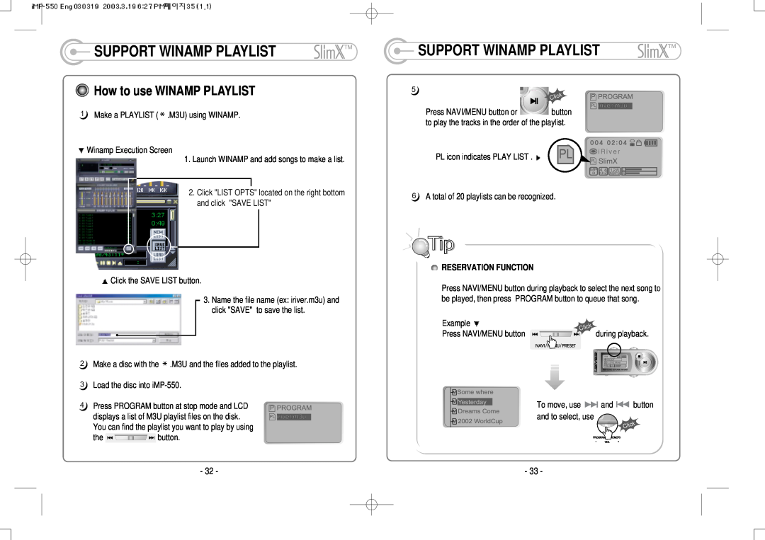 IRiver iMP-350 user manual Support Winamp Playlist, How to use WINAMP PLAYLIST, Reservation Function 