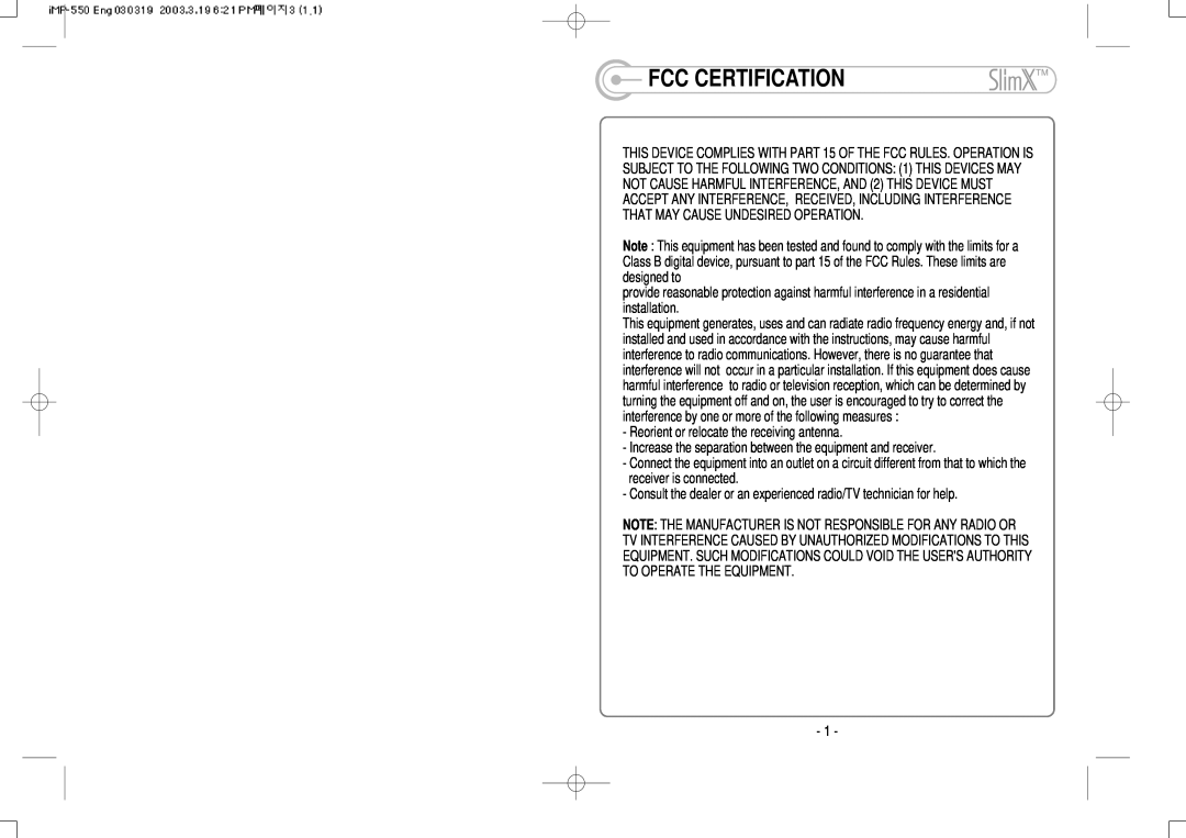 IRiver iMP-350 user manual Fcc Certification 