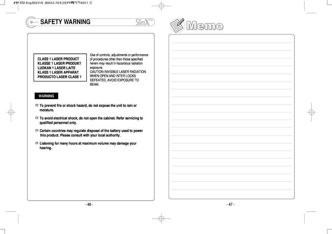 IRiver iMP-350 user manual Safety Warning 