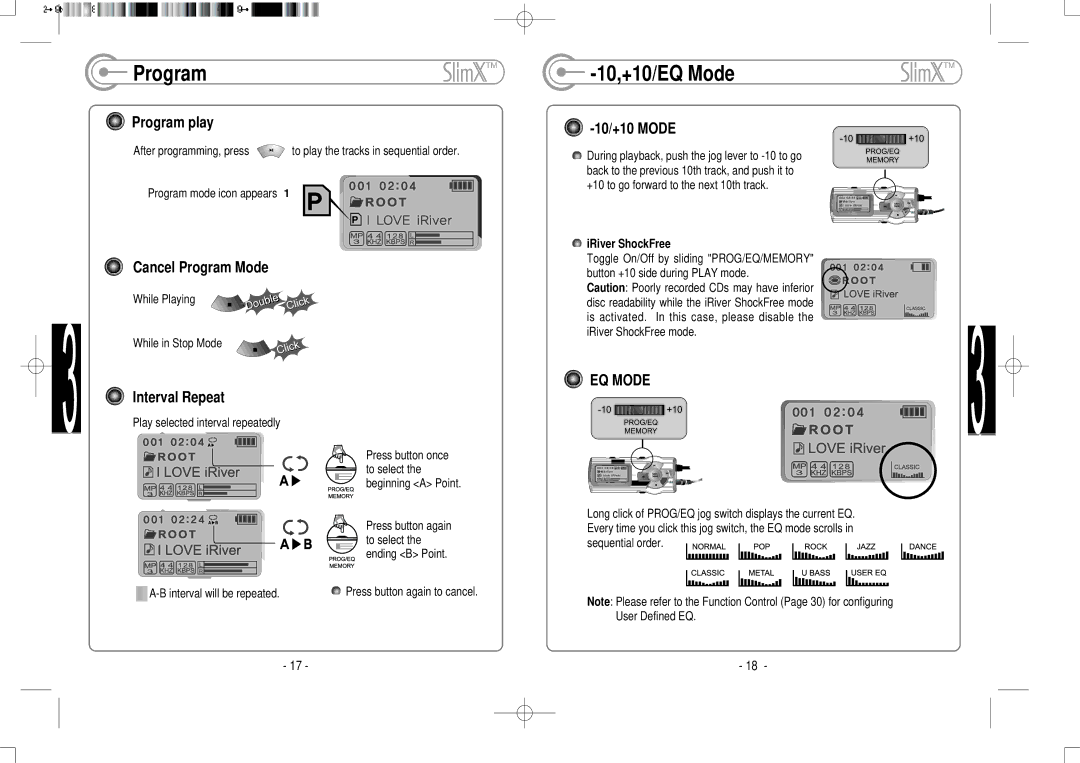 IRiver iMP-400 user manual Program, 10,+10/EQ Mode 