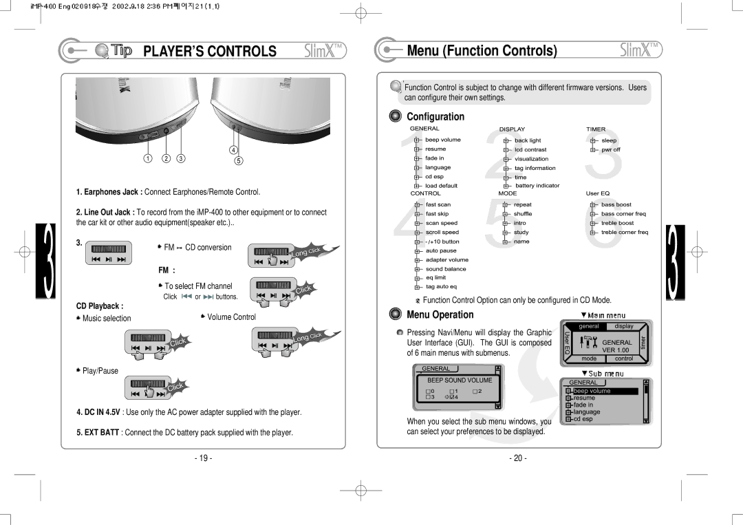 IRiver iMP-400 user manual Menu Function Controls, Configuration, Menu Operation, FM CD conversion, CD Playback 