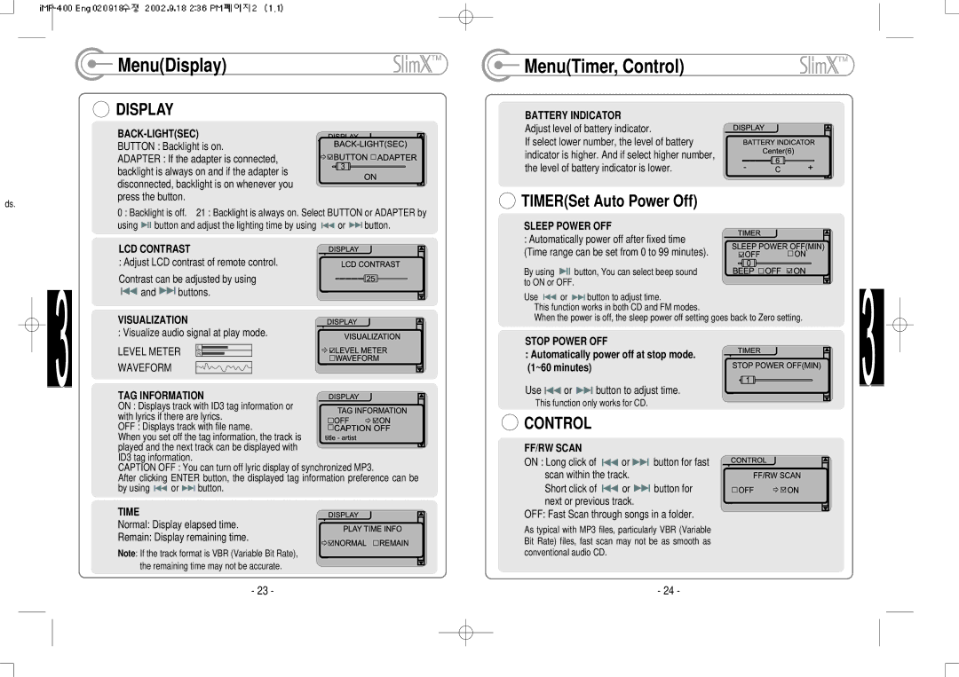 IRiver iMP-400 user manual MenuDisplay, MenuTimer, Control 