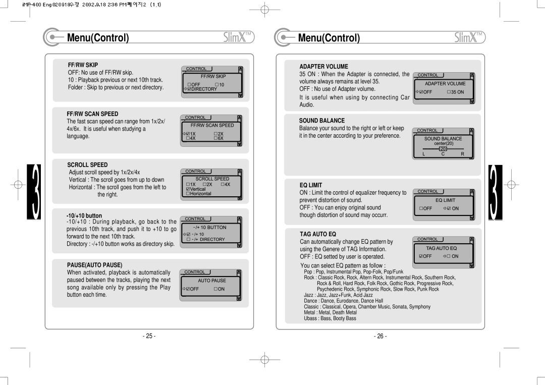 IRiver iMP-400 user manual MenuControl 