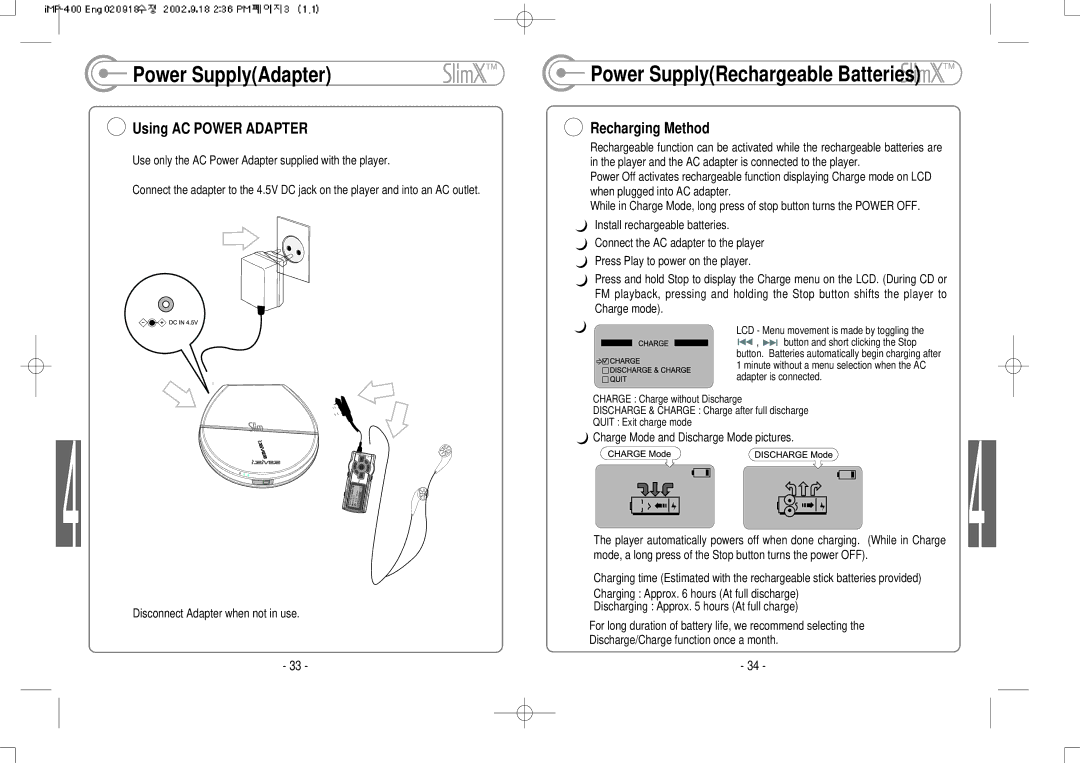 IRiver iMP-400 user manual Power SupplyAdapter, Using AC Power Adapter 