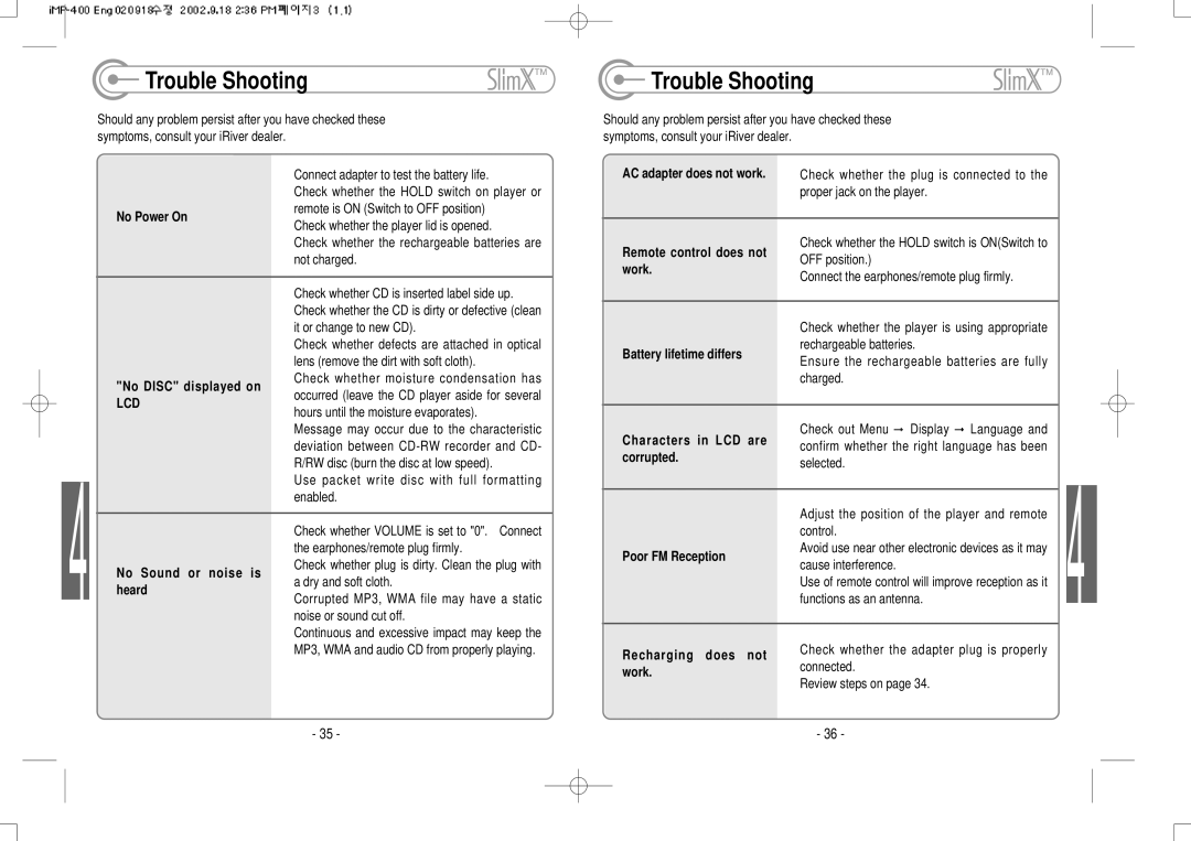 IRiver iMP-400 user manual Trouble Shooting, Lcd 