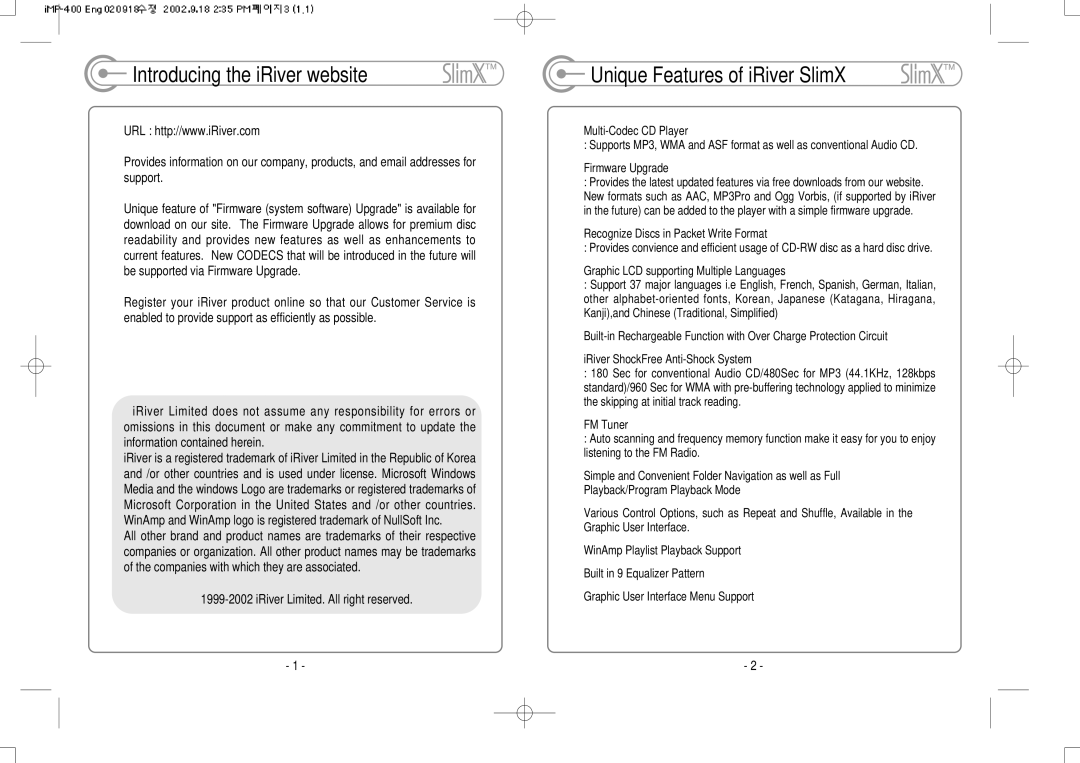 IRiver iMP-400 user manual Introducing the iRiver website, Unique Features of iRiver SlimX 