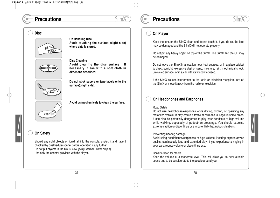 IRiver iMP-400 user manual Precautions, Disc, On Safety, On Player, On Headphones and Earphones 