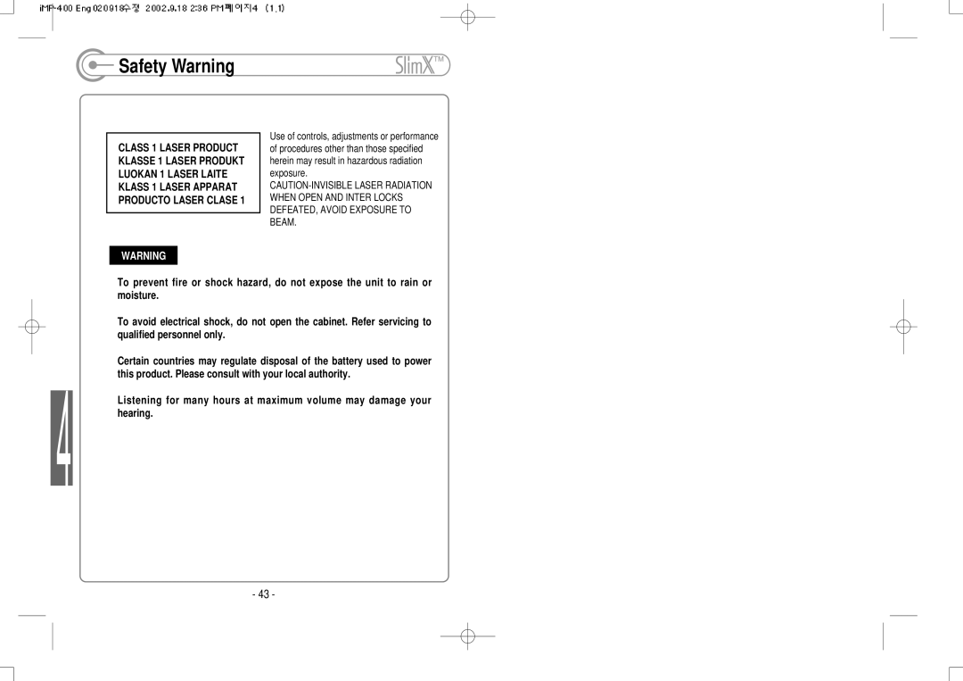 IRiver iMP-400 user manual Safety Warning 