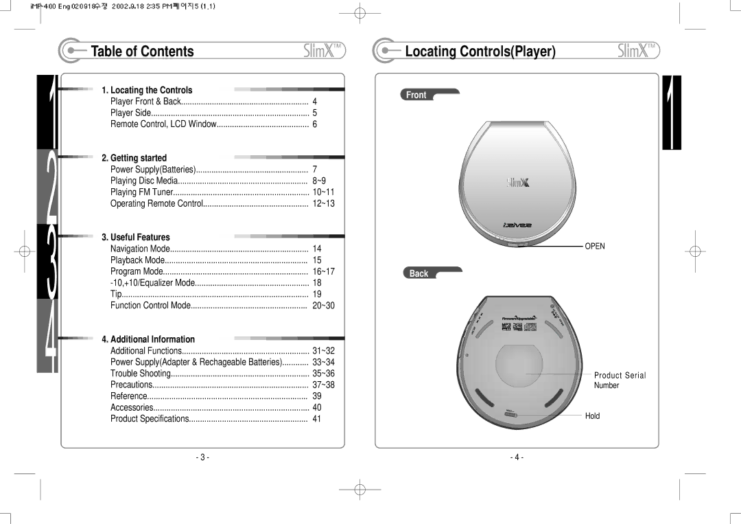 IRiver iMP-400 user manual Table of Contents, Locating ControlsPlayer 