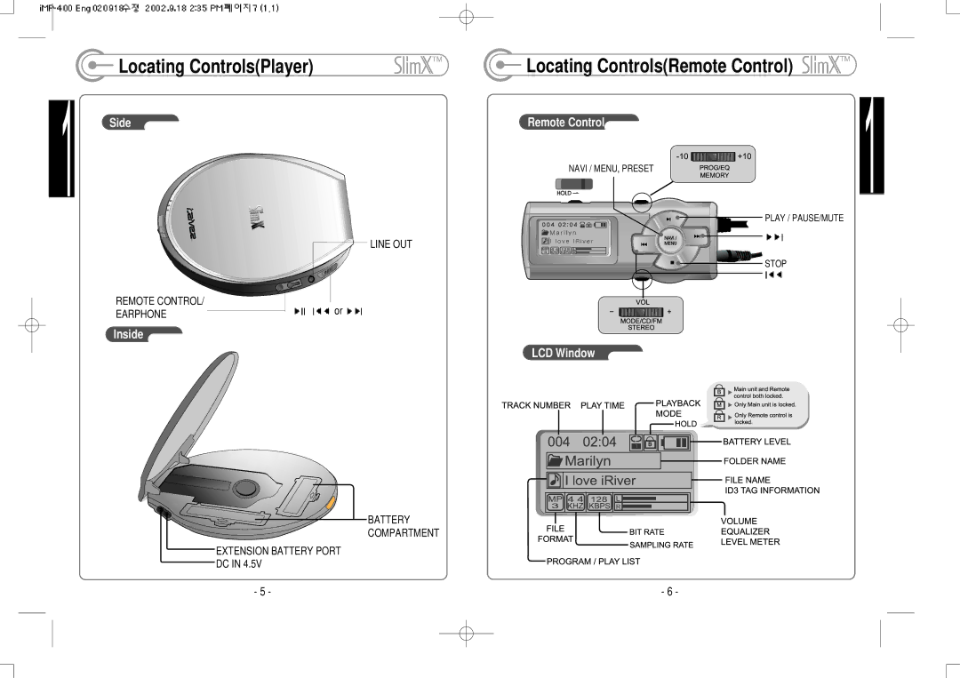 IRiver iMP-400 user manual Locating ControlsPlayer Locating ControlsRemote Control 