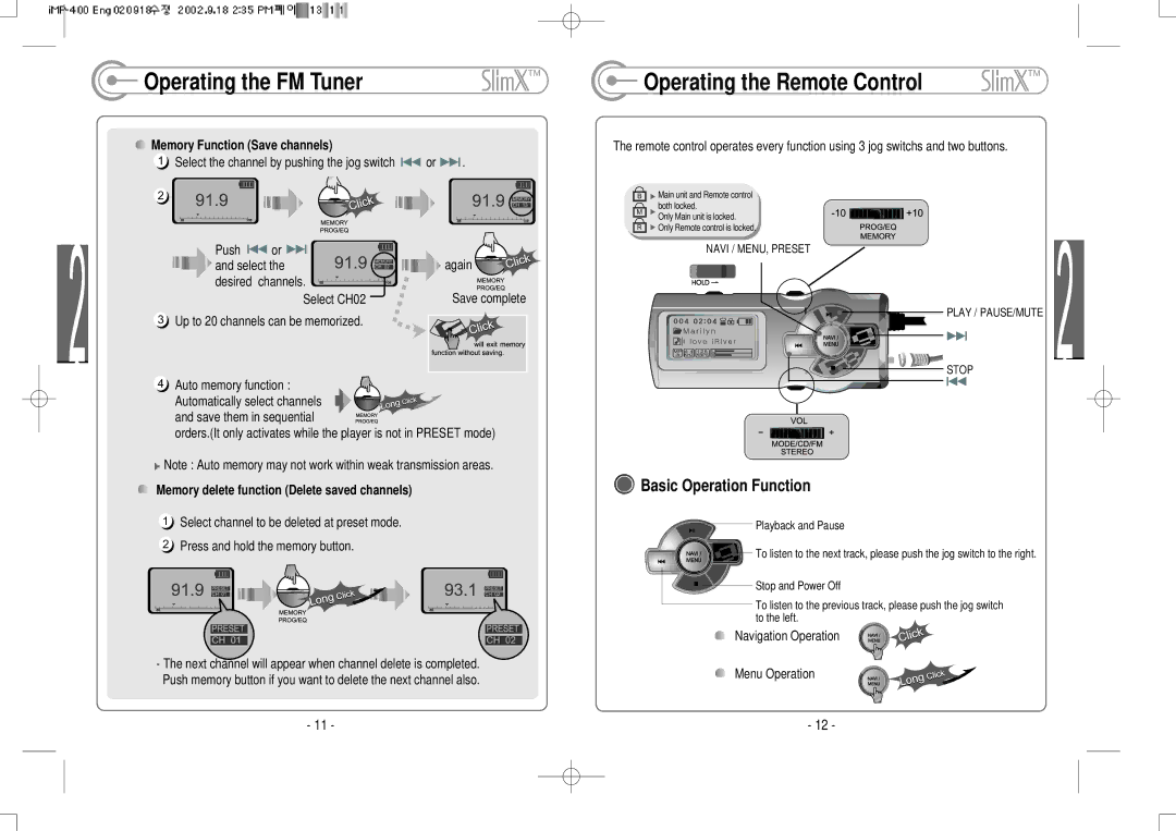 IRiver iMP-400 user manual Operating the FM Tuner Operating the Remote Control, Basic Operation Function 