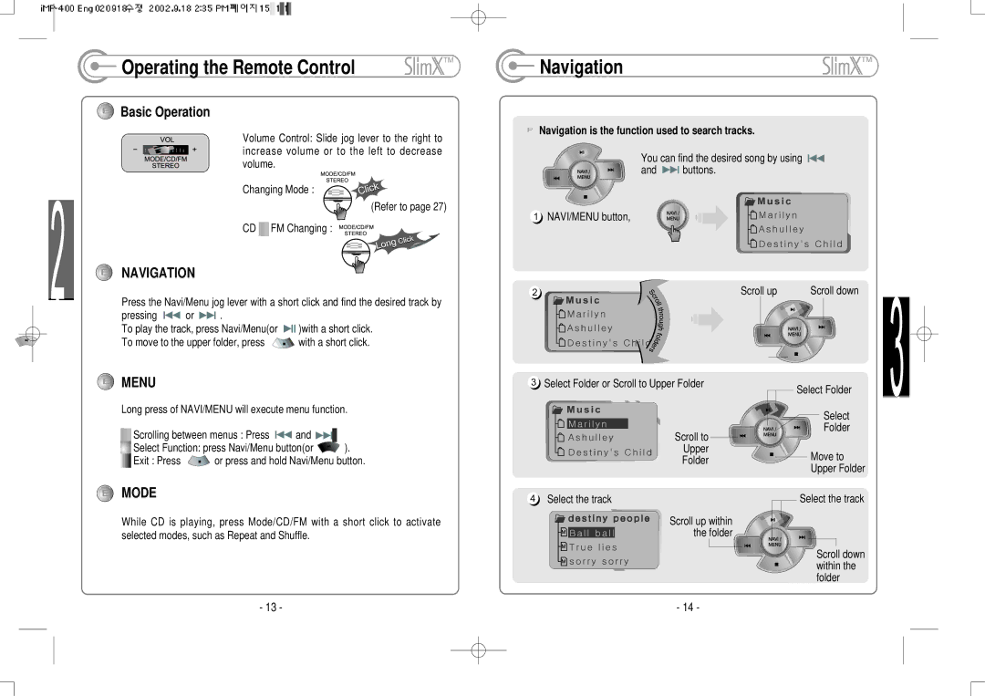 IRiver iMP-400 user manual Basic Operation, Navigation is the function used to search tracks 