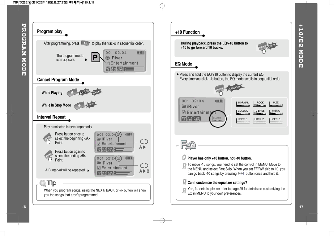 IRiver iMP-700 user manual Program play, Cancel Program Mode, Interval Repeat, +10 Function, EQ Mode 