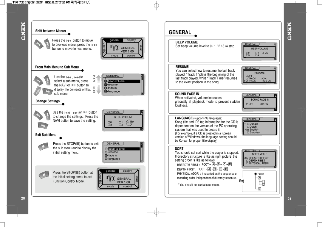 IRiver iMP-700 user manual General, Beep Volume, Resume, Sound Fade, Sort 