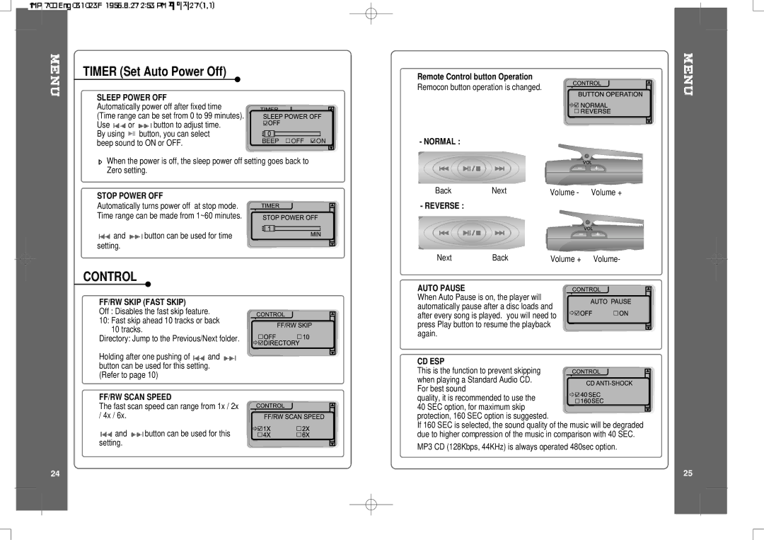 IRiver iMP-700 user manual Timer Set Auto Power Off, Control 