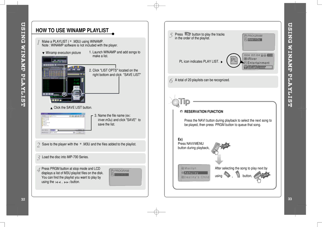 IRiver iMP-700 user manual HOW to USE Winamp Playlist, Reservation Function 