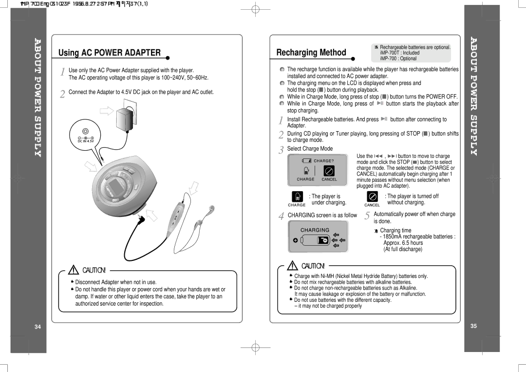 IRiver iMP-700 user manual Using AC Power Adapter 