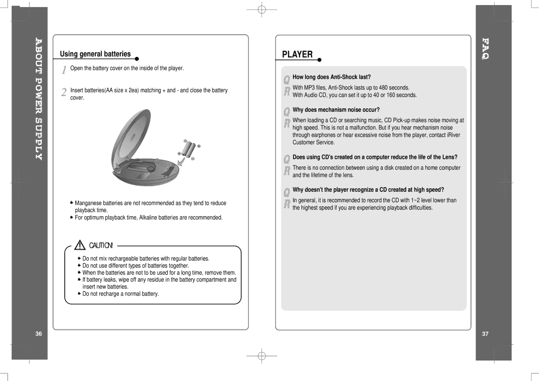 IRiver iMP-700 user manual Player, Using general batteries, How long does Anti-Shock last?, Why does mechanism noise occur? 