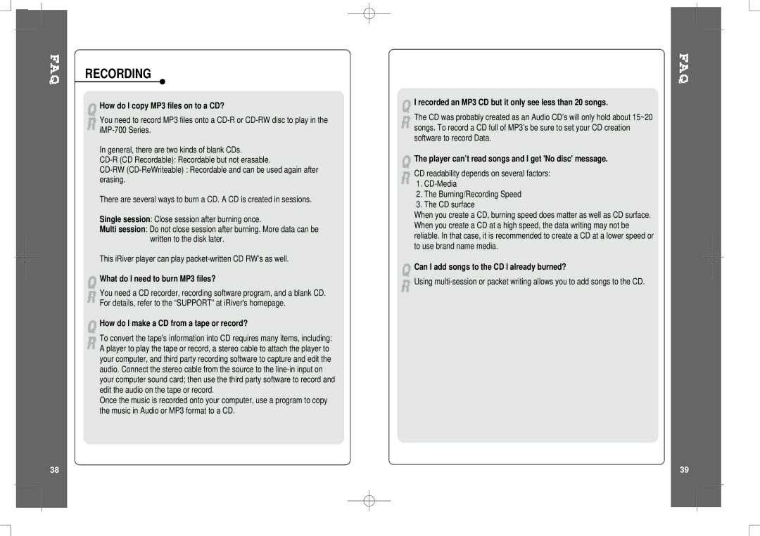 IRiver iMP-700 user manual Recording 