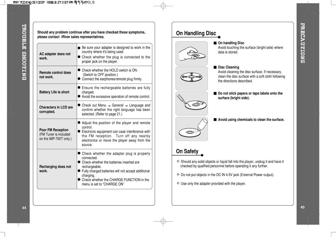 IRiver iMP-700 user manual On Handling Disc, On Safety 