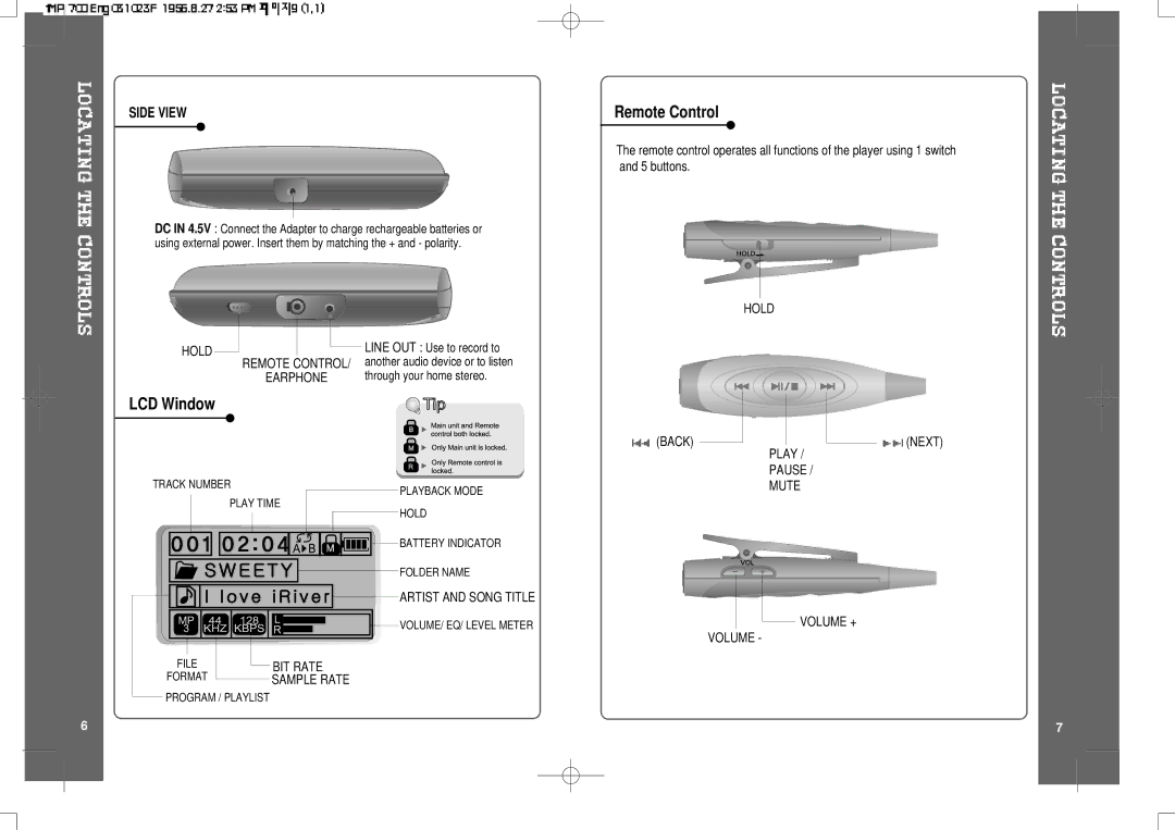 IRiver iMP-700 user manual Remote Control, LCD Window, Side View 