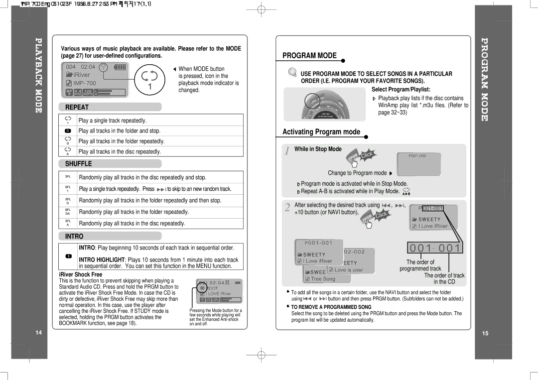 IRiver iMP-700 user manual Activating Program mode, Select Program/Playlist, While in Stop Mode, IRiver Shock Free 