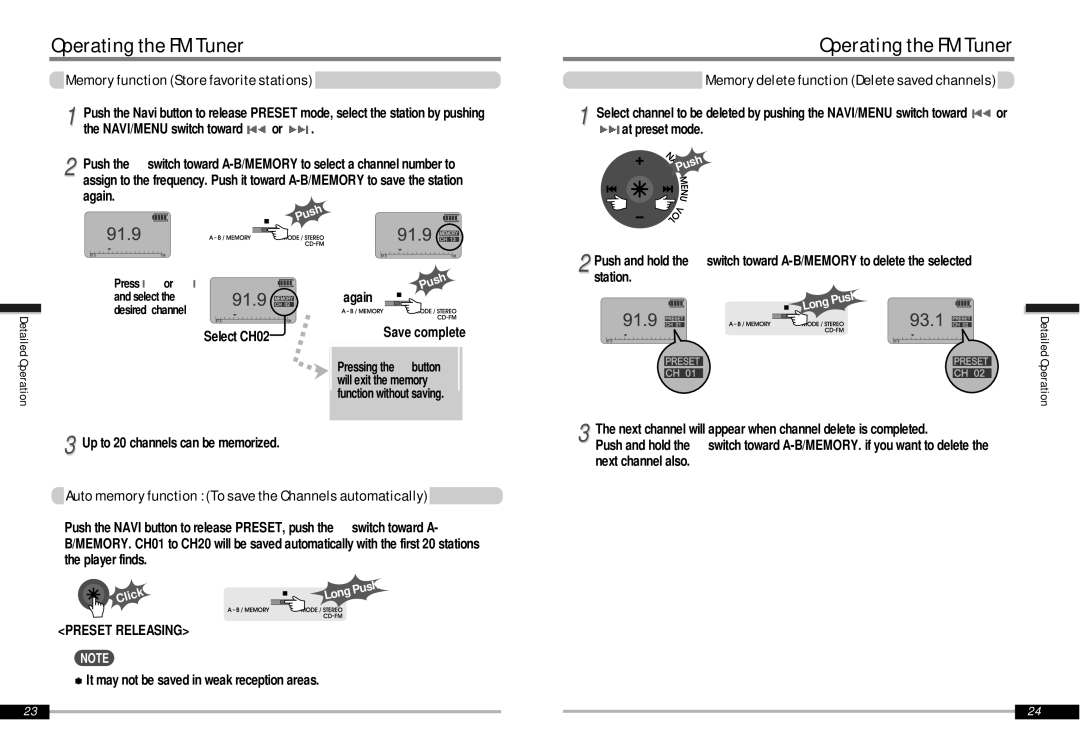 IRiver iMP-900 instruction manual Operating the FM Tuner, Memory function Store favorite stations 