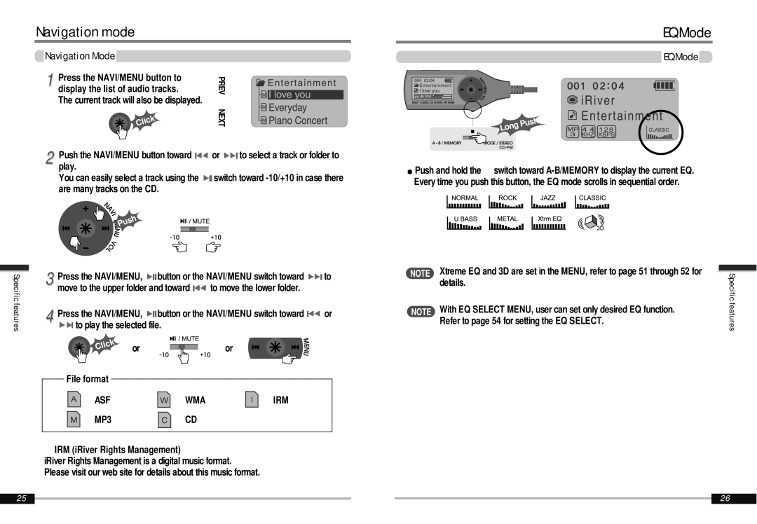 IRiver iMP-900 instruction manual Navigation mode, EQ Mode, Navigation Mode, ASF WMA IRM MP3 