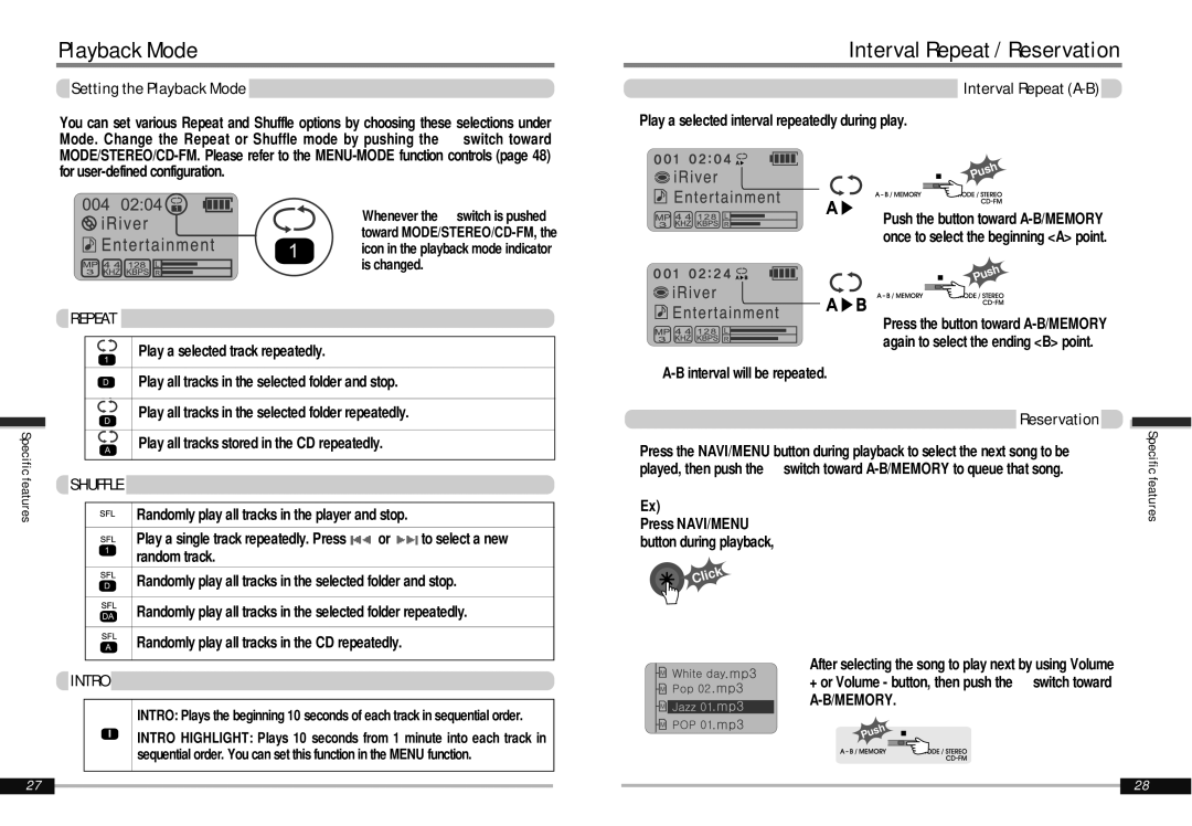 IRiver iMP-900 instruction manual Playback Mode, Interval Repeat / Reservation, Shuffle, Intro 