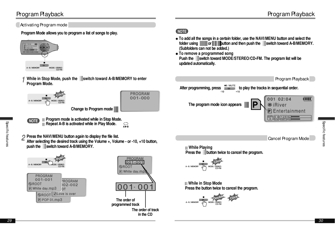 IRiver iMP-900 instruction manual Program Playback, Activating Program mode 