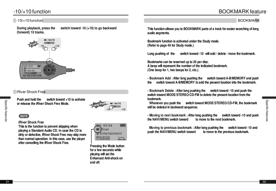 IRiver iMP-900 instruction manual 10/+10 function, Bookmark feature, IRiver Shock Free 