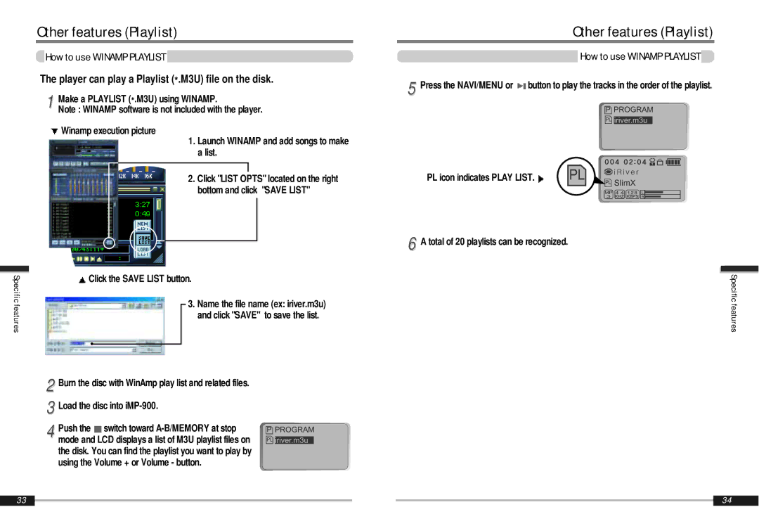 IRiver iMP-900 instruction manual Other features Playlist, How to use Winamp Playlist, Click the Save List button 