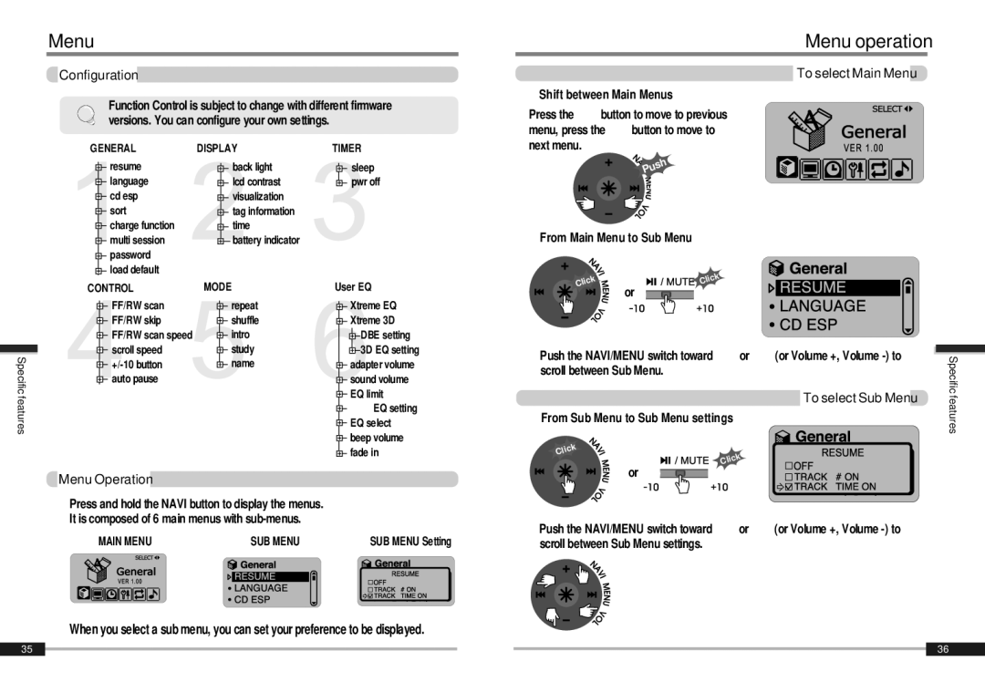 IRiver iMP-900 instruction manual Menu operation, Configuration, Menu Operation, To select Main Menu 