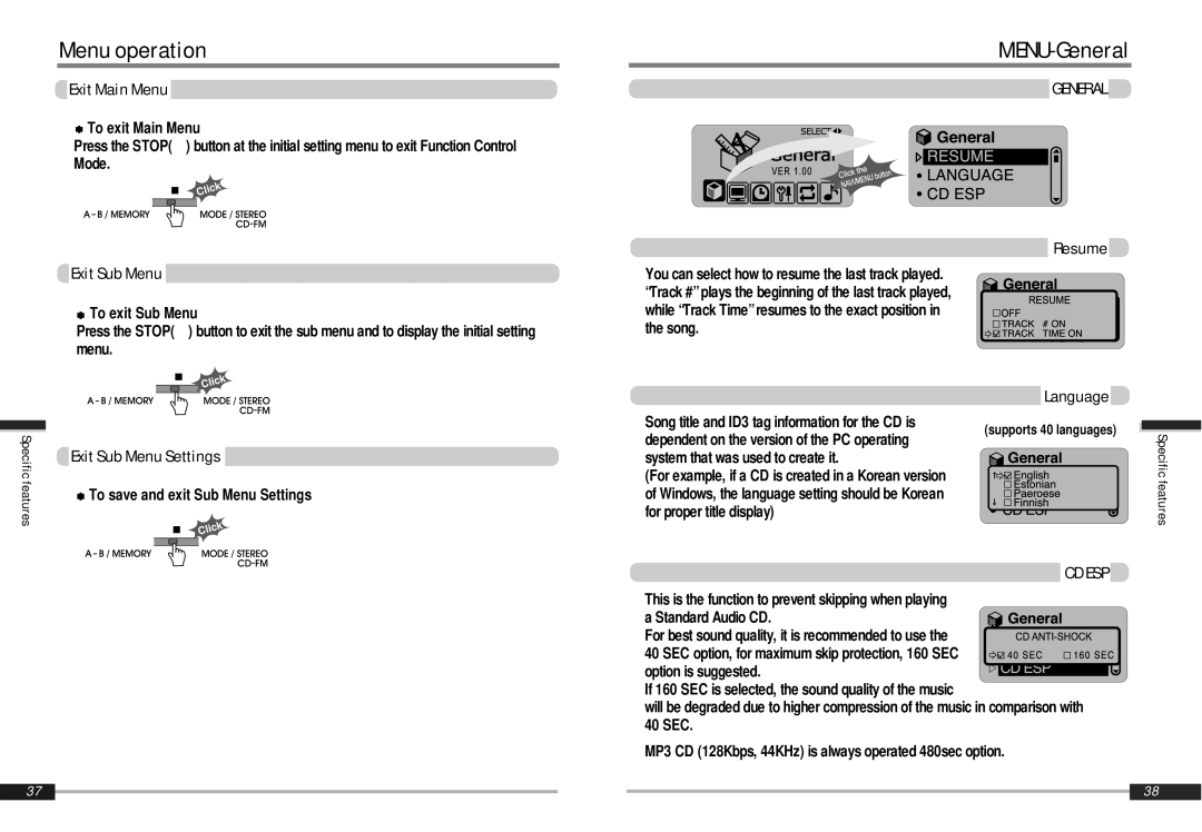 IRiver iMP-900 instruction manual MENU-General, Cd Esp 