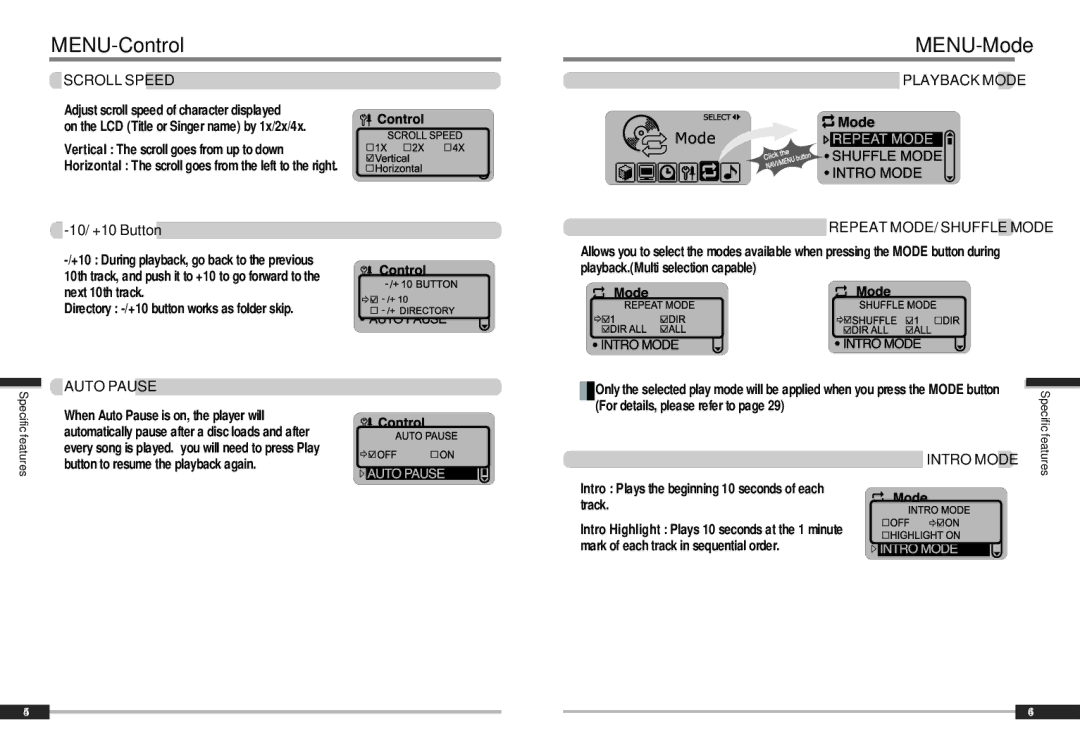 IRiver iMP-900 instruction manual MENU-Mode, Scroll Speed, Auto Pause, Playback Mode Repeat MODE/ Shuffle Mode, Intro Mode 