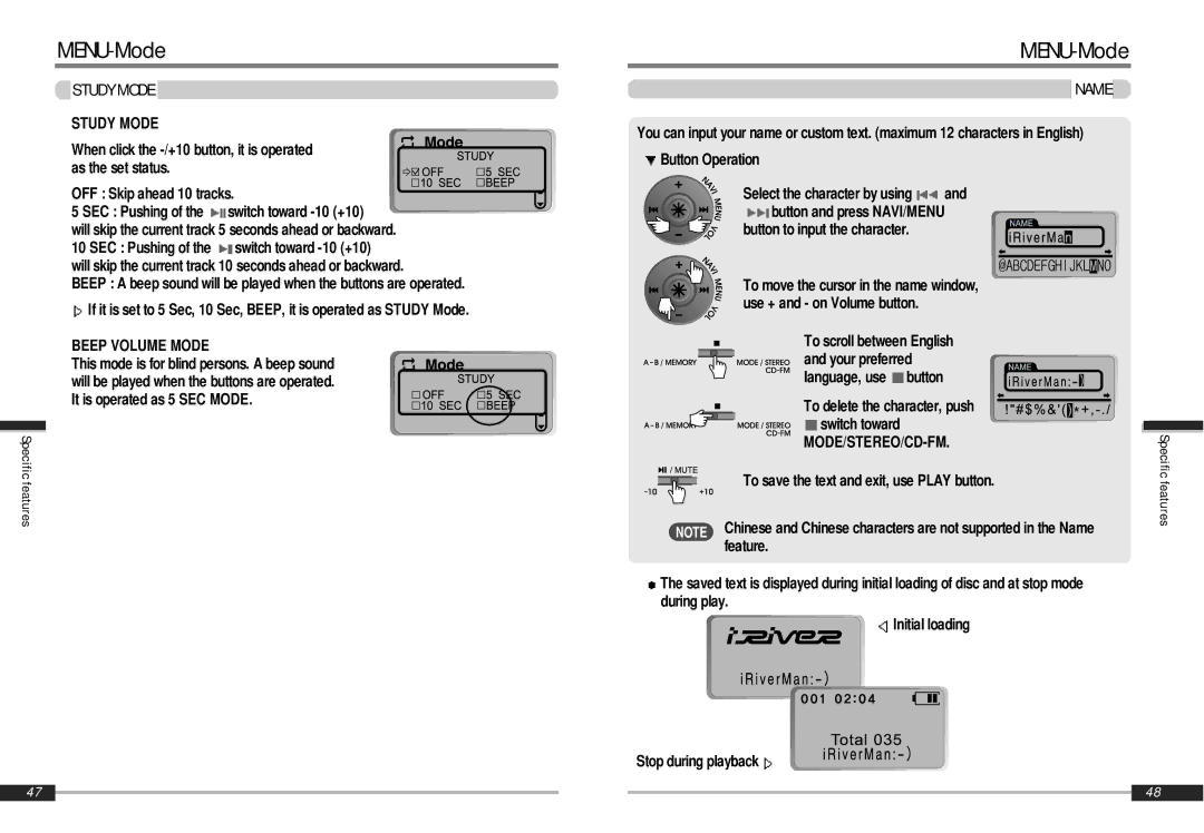 IRiver iMP-900 instruction manual Study Mode, Beep Volume Mode, Name, Mode/Stereo/Cd-Fm 