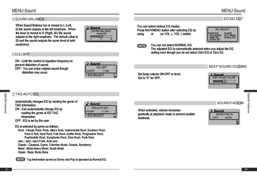IRiver iMP-900 instruction manual Sound Balance, EQ Limit, TAG Auto EQ, EQ Select, Beep Sound Volume, Sound Fade 