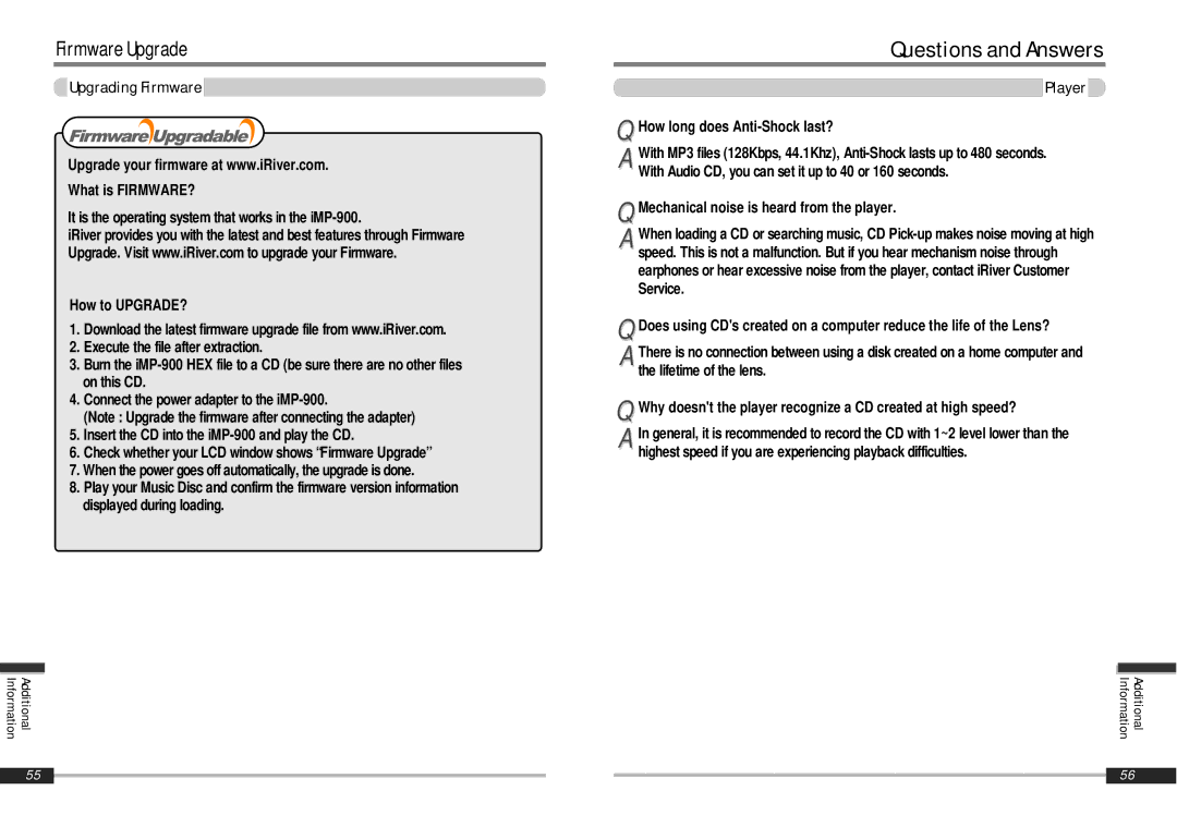 IRiver iMP-900 instruction manual Questions and Answers, Upgrading Firmware, How long does Anti-Shock last? 